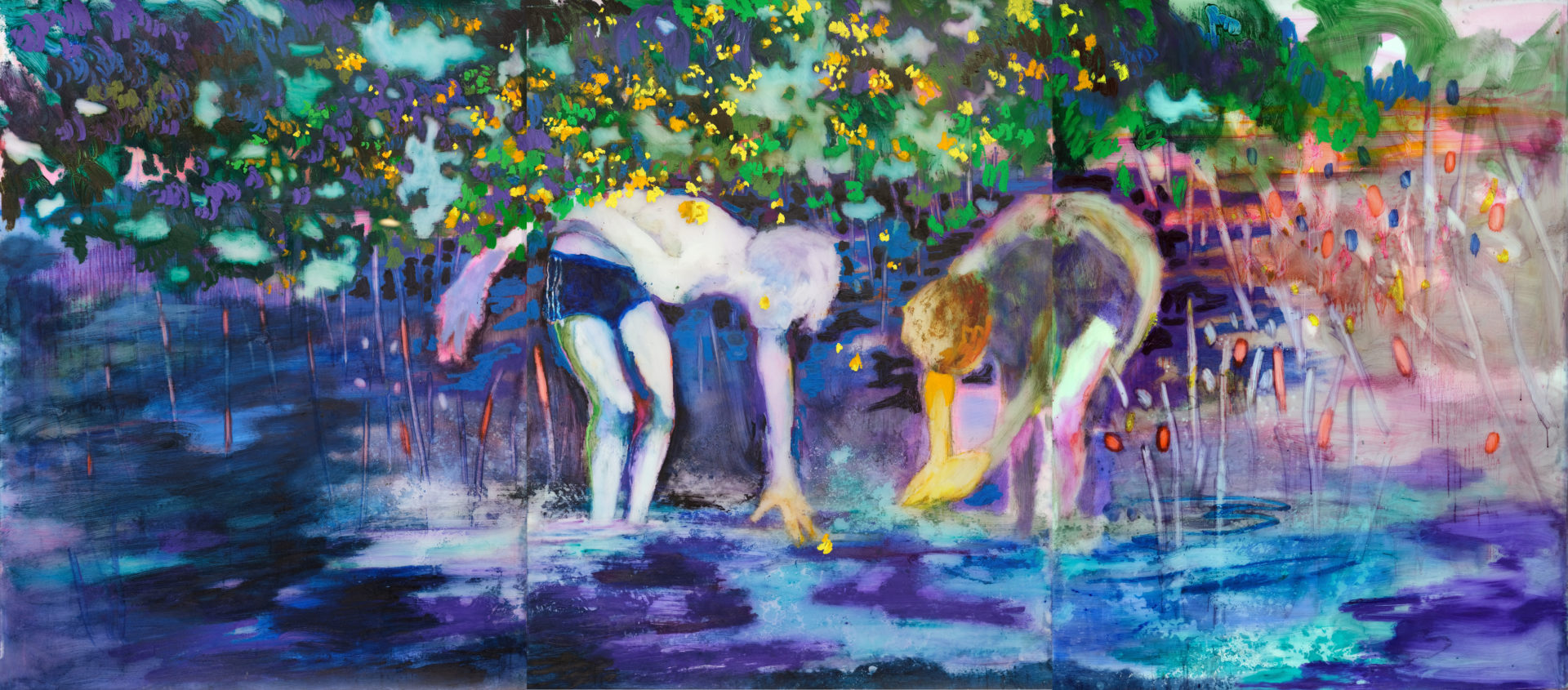 Sarah Jérôme, En Eaux Vives [Les Glaneurs], 2024, triptyque peinture à l'huile sur papier calque, 2024, 456 x 200 cm, Courtesy H Gallery