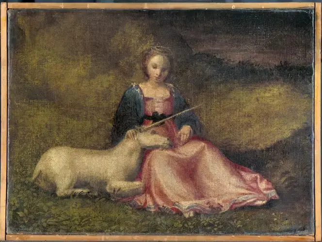 Tableau d'une fille et licorne, peint à Venise vers 1510.