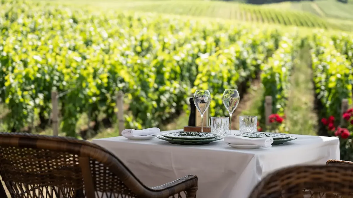 Table pour deux face aux vignes au restaurant du Château de Sacy