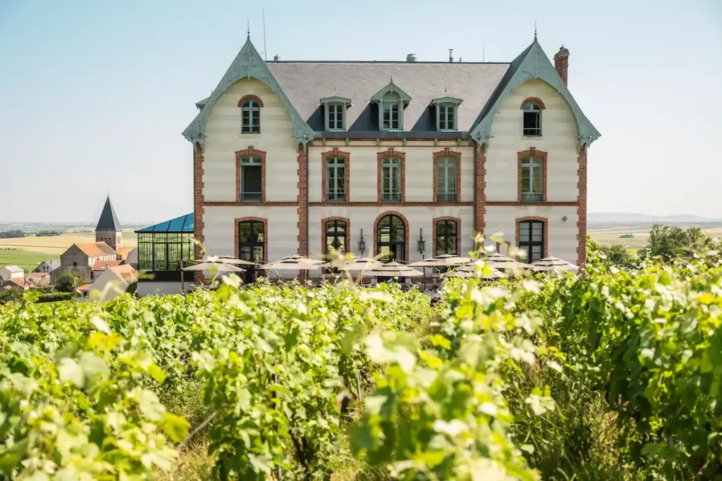 La façade du Château de Sacy vue depuis les vignes qui l'entourent.