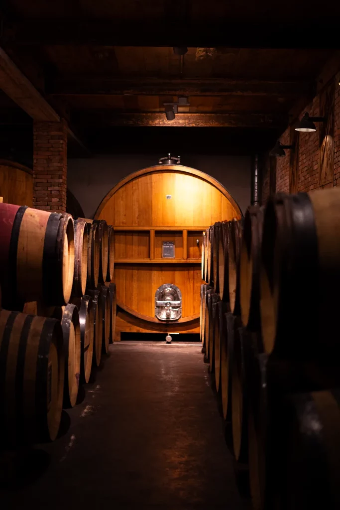 Le chai du domaine de Saparale, son grand foudre en chêne et ses barriques.